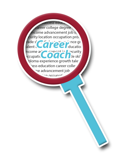 Blue and red magnifying glass magnifying career related words. Name of icon is Career Coach.