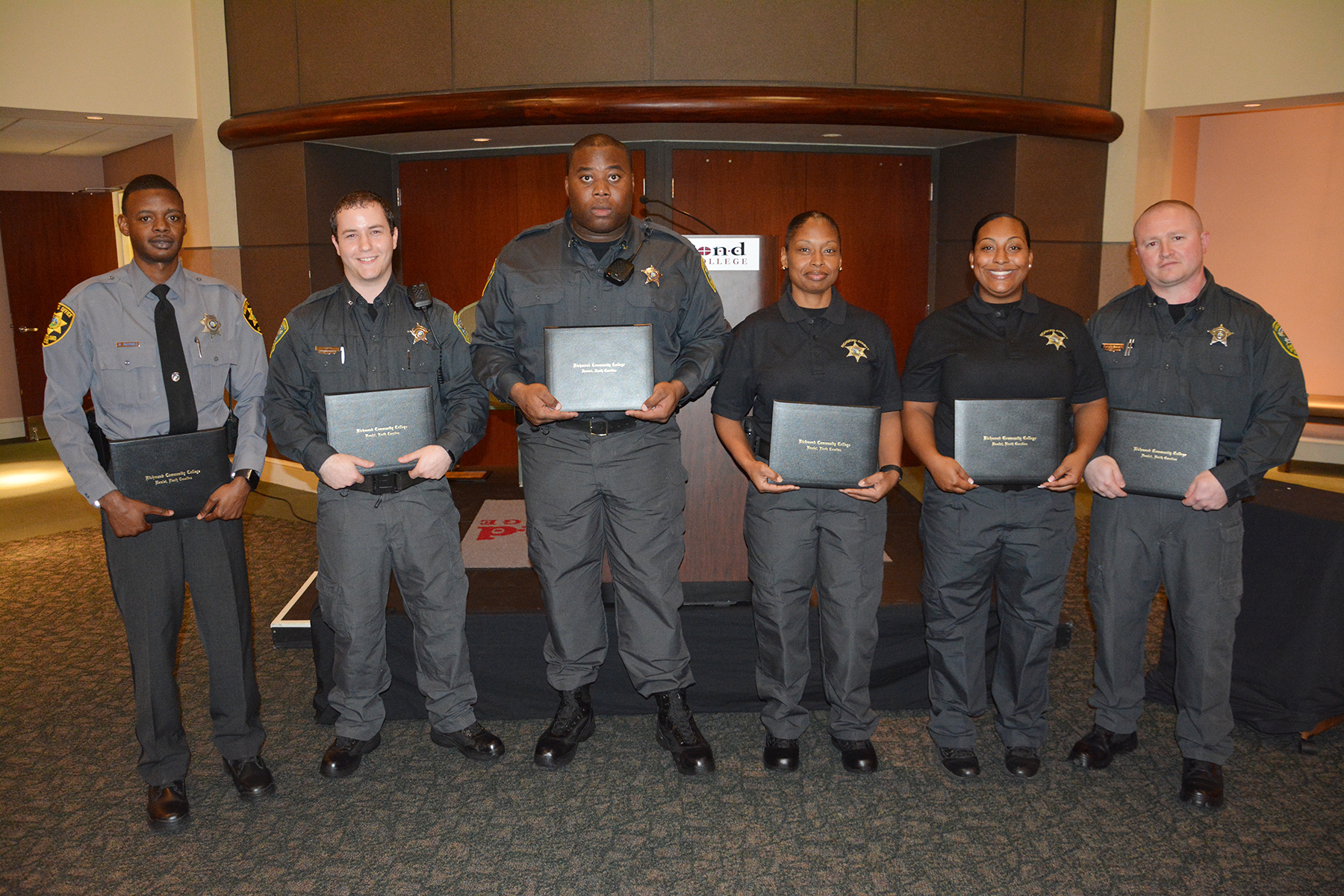 Pictured are the six graduates of the Detention Officer Certification Course offered through Richmond Community College. From left, are Meyer Jermaine McDonald, Dalton Timothy Burr, Emmanuel Lucas Crank, Pamela Suzette Hill, Amalia Marie Romero and David Wayne Howard.