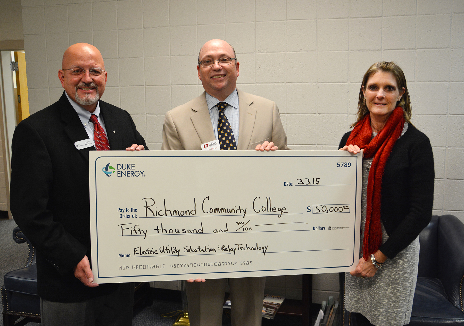 Pictured above from left, Duke Energy District Manager David McNeill presents a grant check to Richmond Community College President Dr. Dale McInnis and RCC Board Chair Claudia Robinette to support the College’s Electric Utility Substation and Relay Technology (EUSRT) program.