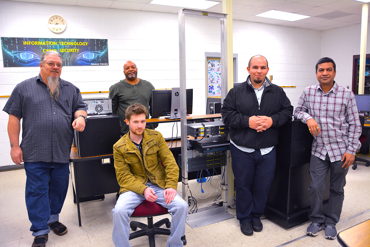 Pictured are the Richmond Community College Information Technology students who completed IT projects for FerroFab in Hamlet. From left to right are Edward Hartley, Taylor Smith (seated), Lindell Bright, Kevin Taylor and Himansu Patel
