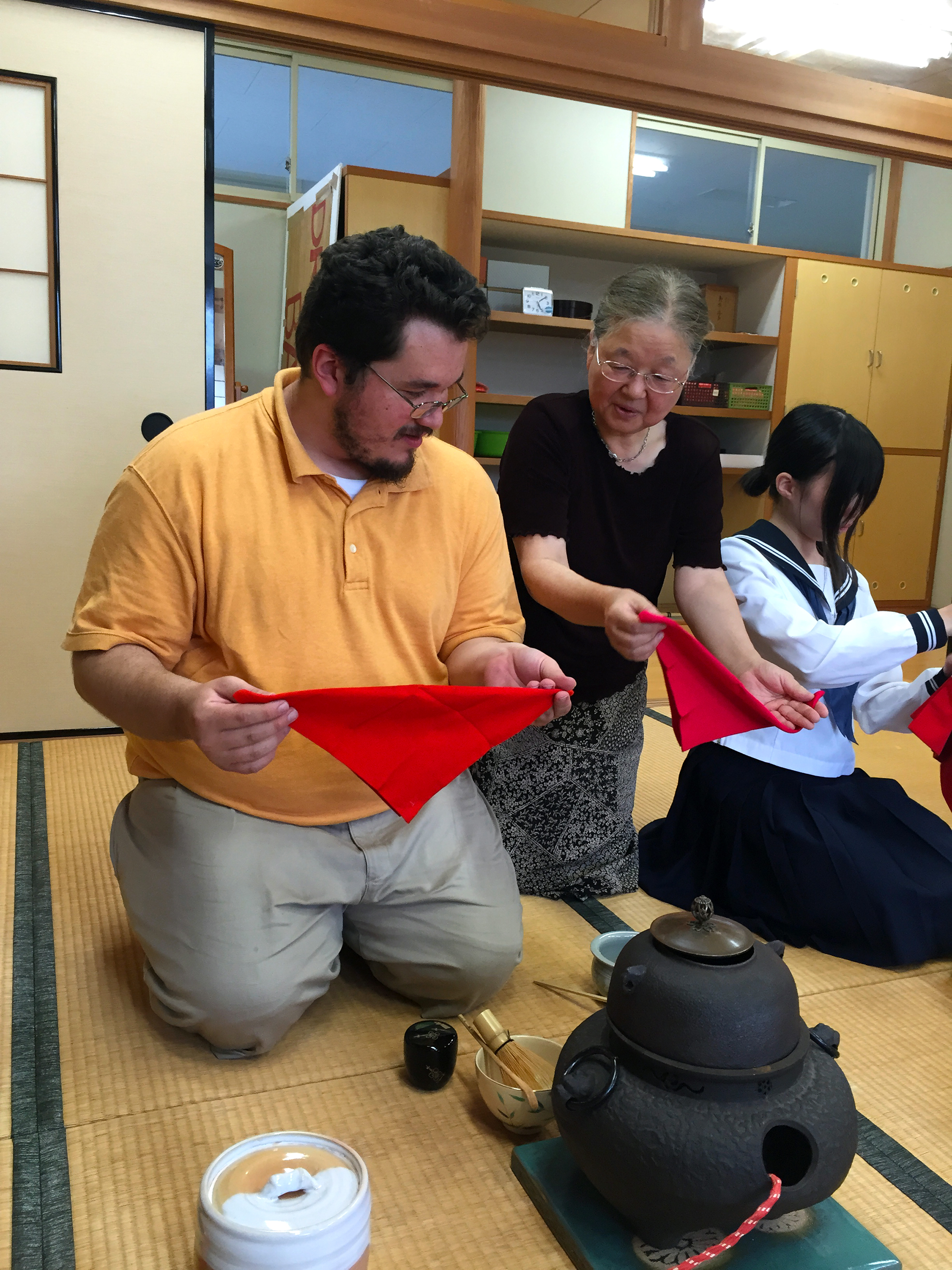 Jeremy Salzer of Laurinburg is living abroad in Japan under an exchange program to teach Japanese students English. Since arriving in Japan on Aug. 1, he has entrenched himself in the Japanese culture. He is pictured practicing the different elements surrounding the tea ceremony.