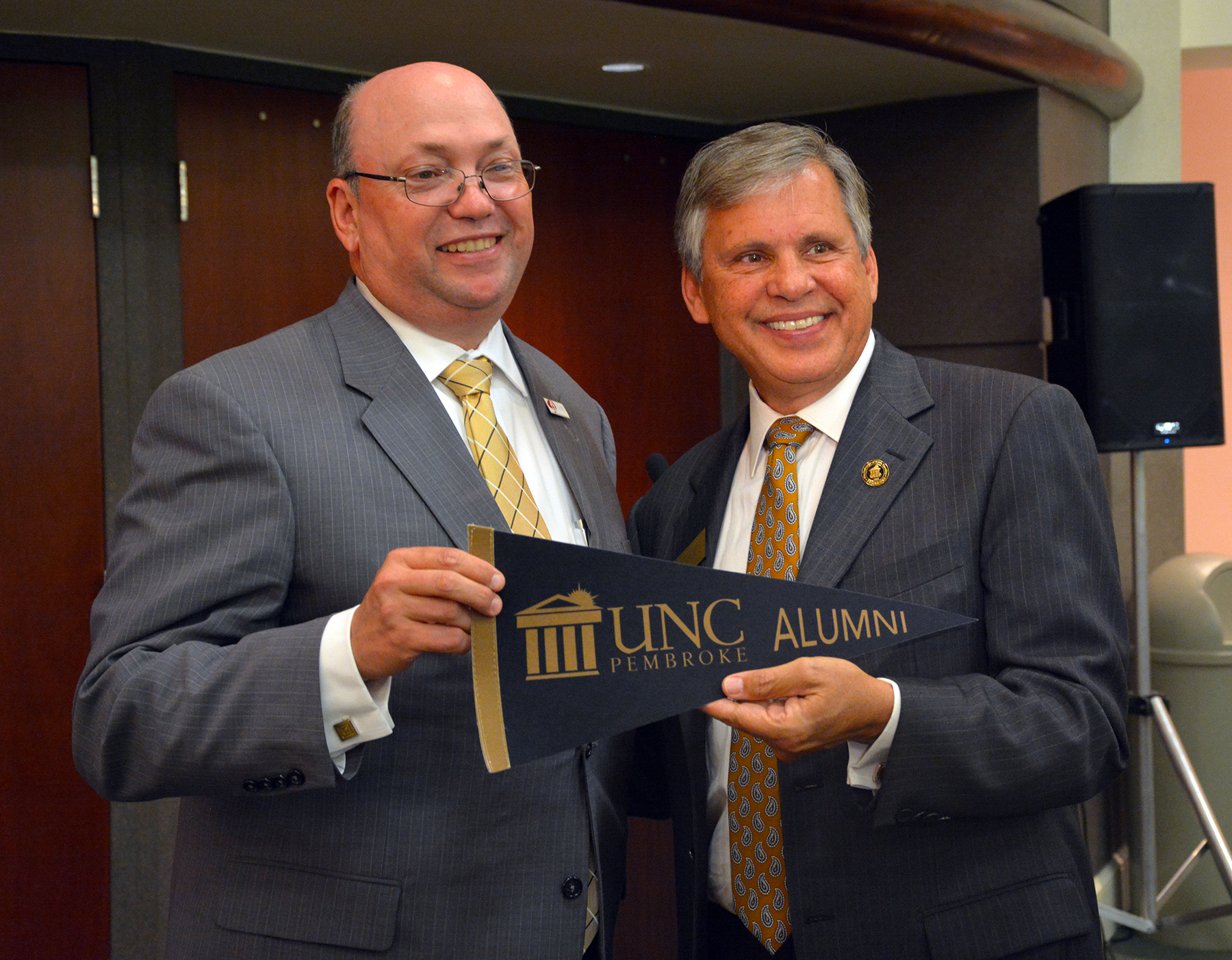 Pictured are Dr. Dale McInnis, president of Richmond Community College, and University of North Carolina at Pembroke Chancellor Robin Gary Cummings during a drop-in for Cummings when he was installed as the new chancellor. RichmondCC and UNCP have created a new teacher education program for a Bachelor of Science in Elementary Education