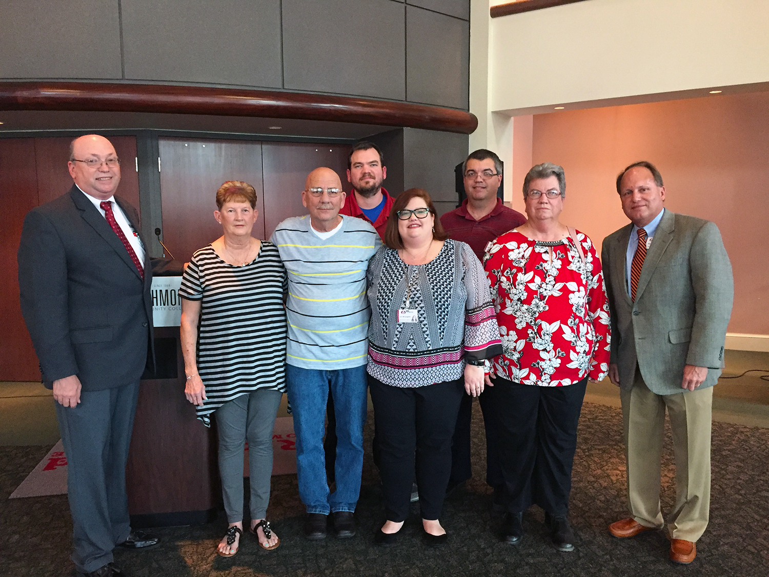 The family of Jo Ann McLaughlin recently established a Richmond Community College scholarship in her memory. Pictured, in front, from left to right, are Dr. Dale McInnis, president of RichmondCC; Pagen McLaughlin; Danny McLaughlin; Lori McLaughlin; Brenda Bennett; and Dr. Hal Shuler, associate vice president of development; in back, from left to right, Erik McLaughlin and Chris Bennett.
