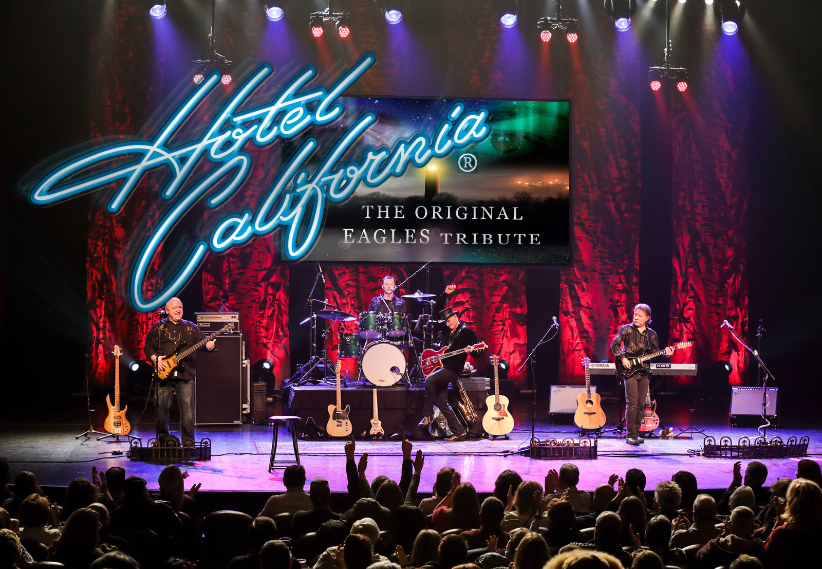Hotel California - The Original Eagles Tribute logo over photo of band on colorful stage