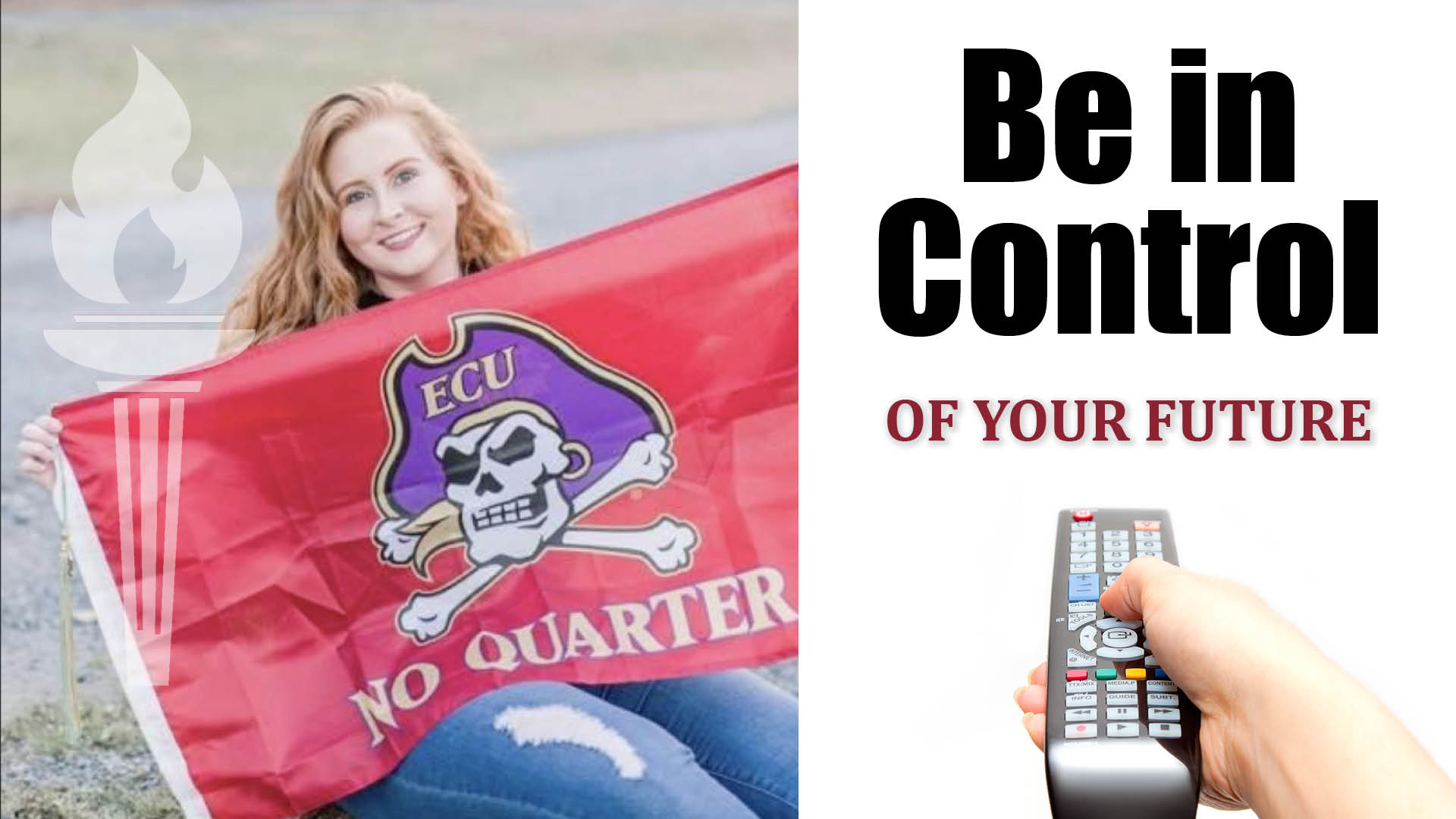 Kathryn Massagee holding a ECU flag within graphic that says be in control of your future
