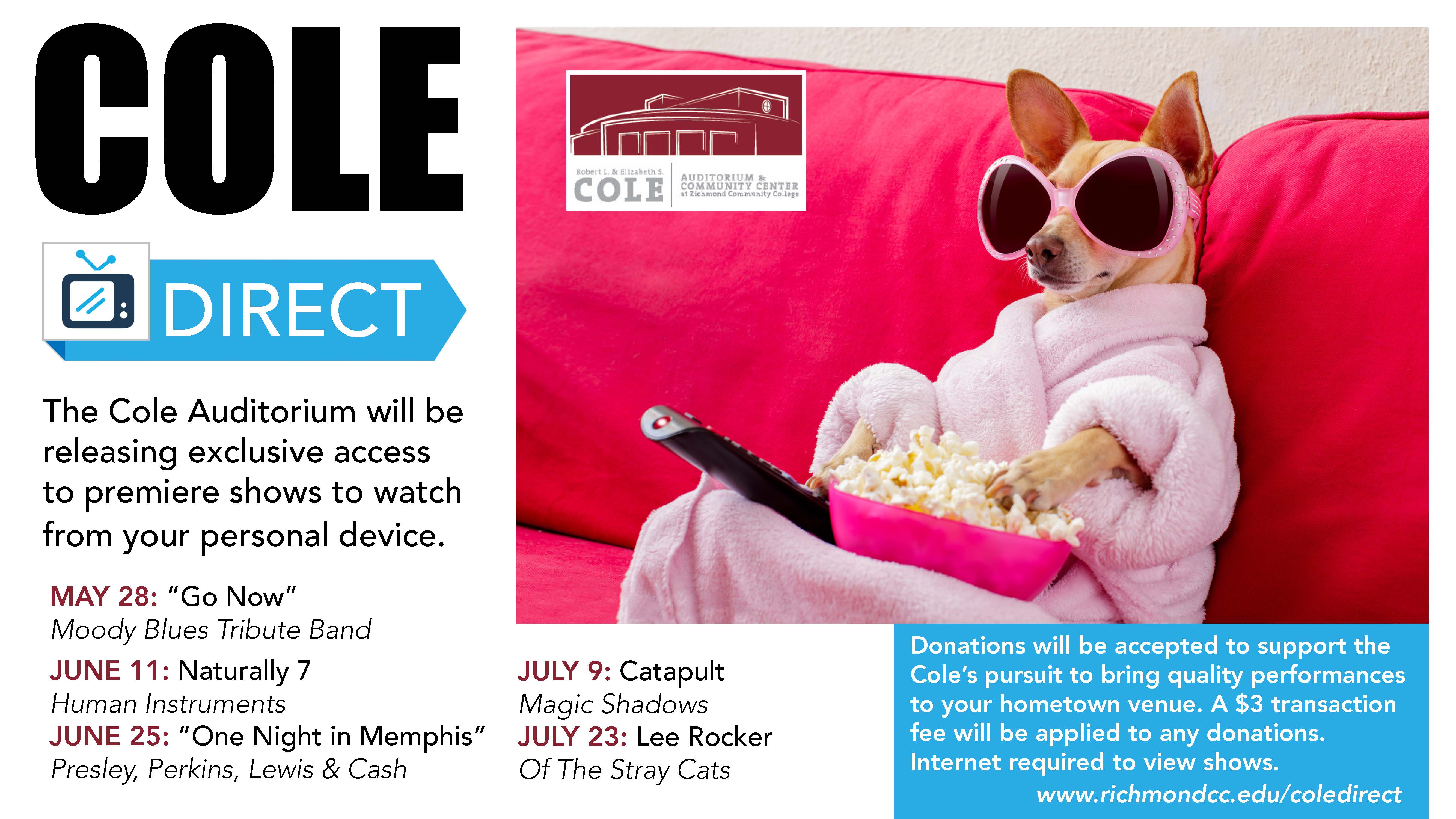 Cole Direct logo and show schedule with dog in pink robe with a TV remote and bowl of popcorn