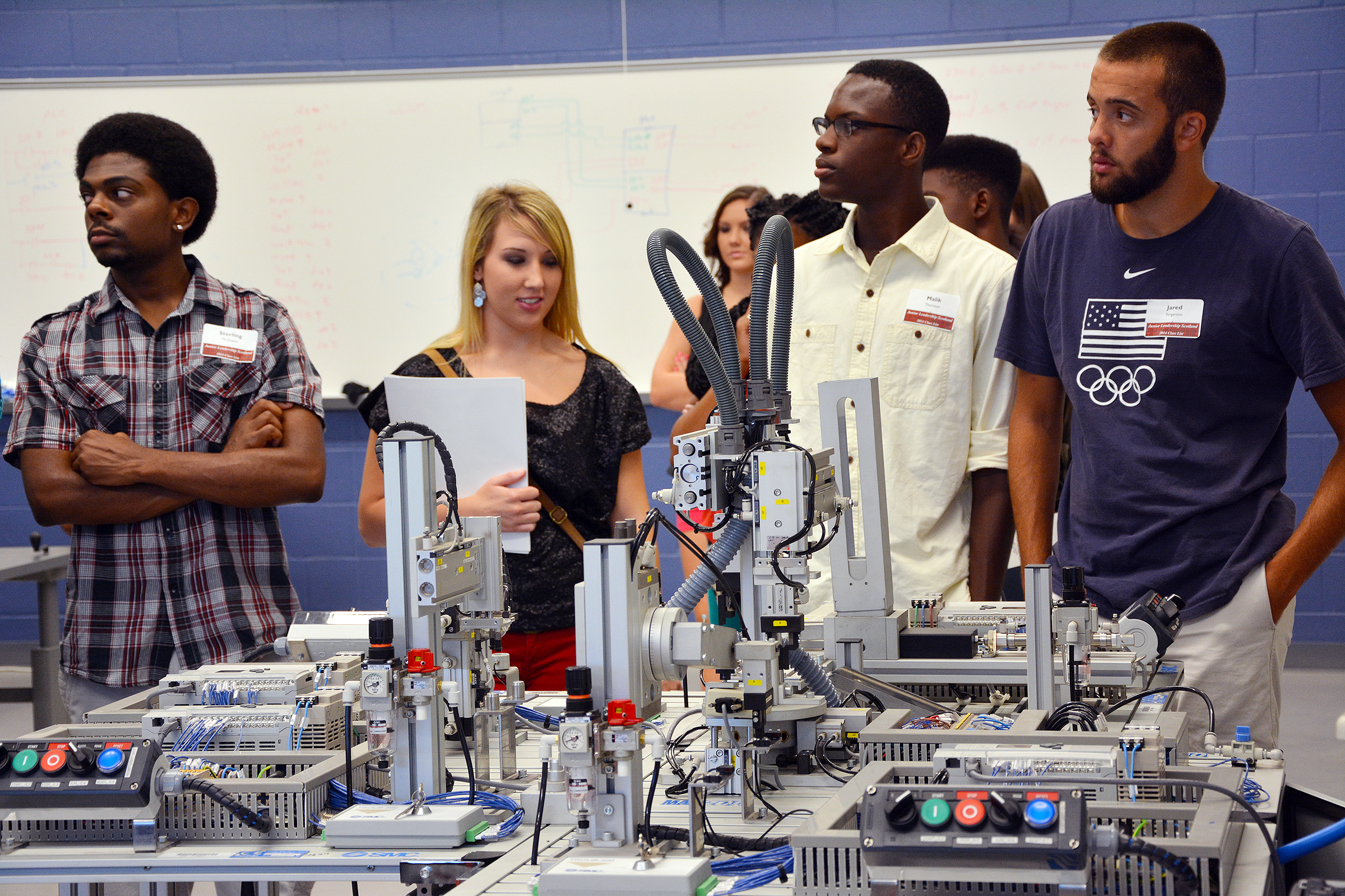 Scotland Junior Leadership students take a tour of the Automation Lab where Mechatronics Engineering is taught at Richmond Community College. This program draws from five areas of engineering, including electrical and electronics, automation and robotics, instrumentation and controls, electromechanical systems and industrial systems