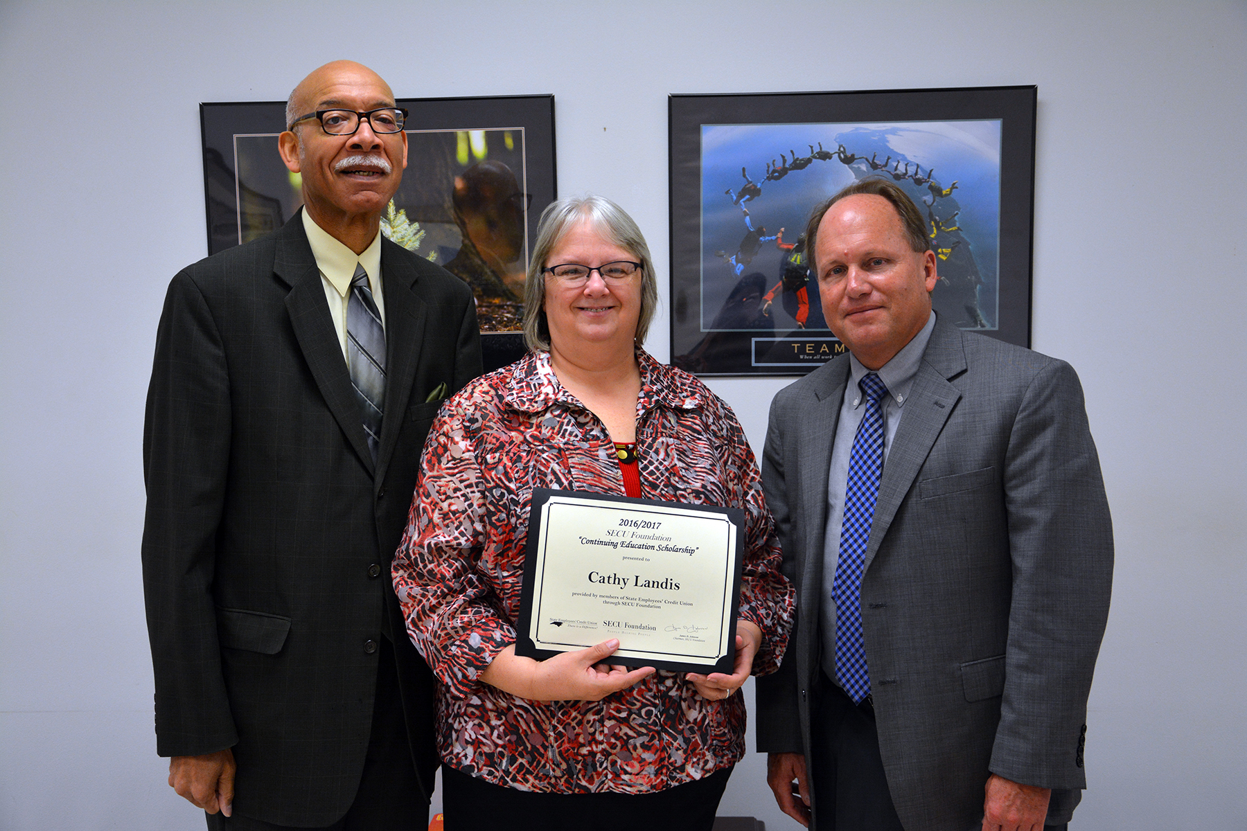 Pictured, from left to right, are Douglas M. Fulford Jr., State Employees Credit Union vice president city executive; Cathy Landis, SECU Continuing Education Scholarship recipient; and Dr. Hal Shuler, associate vice president of Development at Richmond Community College. Not pictured is scholarship recipient Tyrhonda Leak