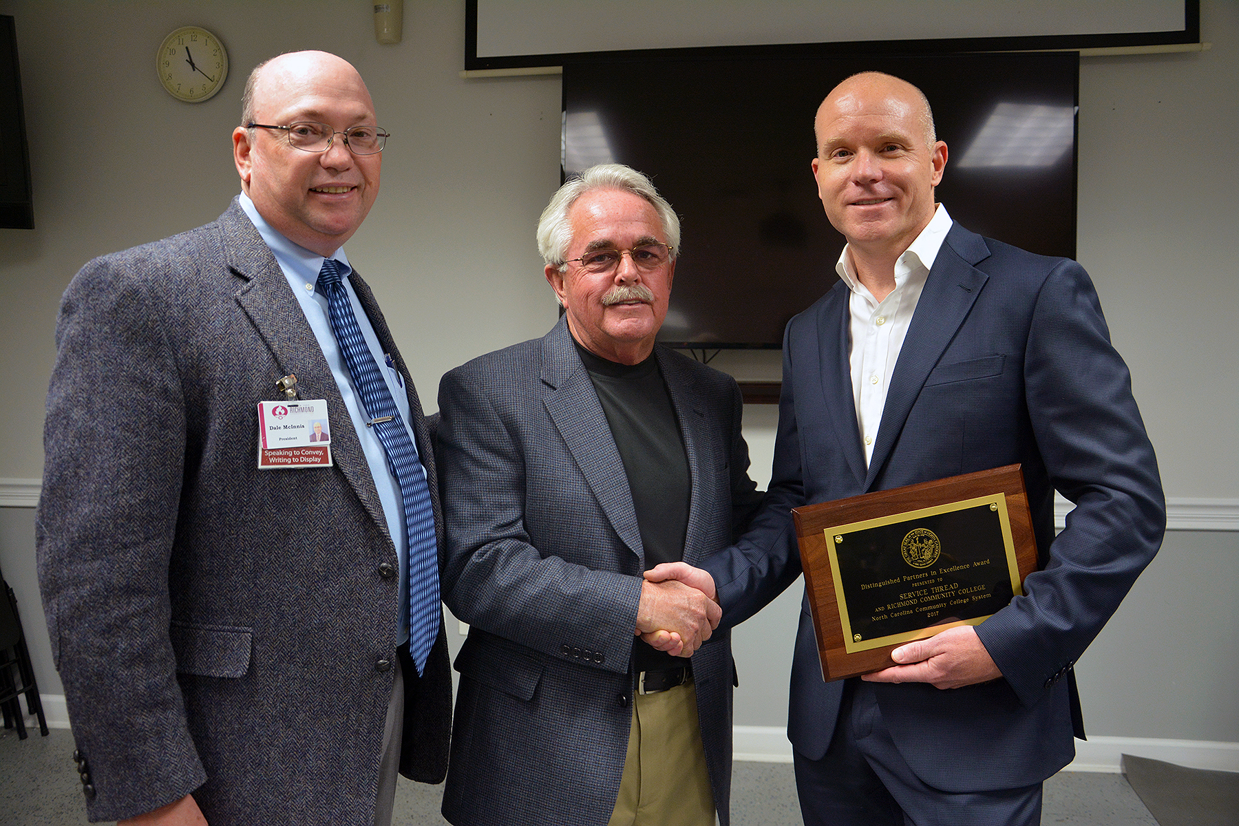 Pictured, from left to right, are Dr. Dale McInnis, president of Richmond Community College, RichmondCC Board of Trustee Dean Nichols, and Service Thread Chief Operating Officer Jay Todd. Service Thread received the Distinguished Partners in Excellence Award from the State Board of Community Colleges.