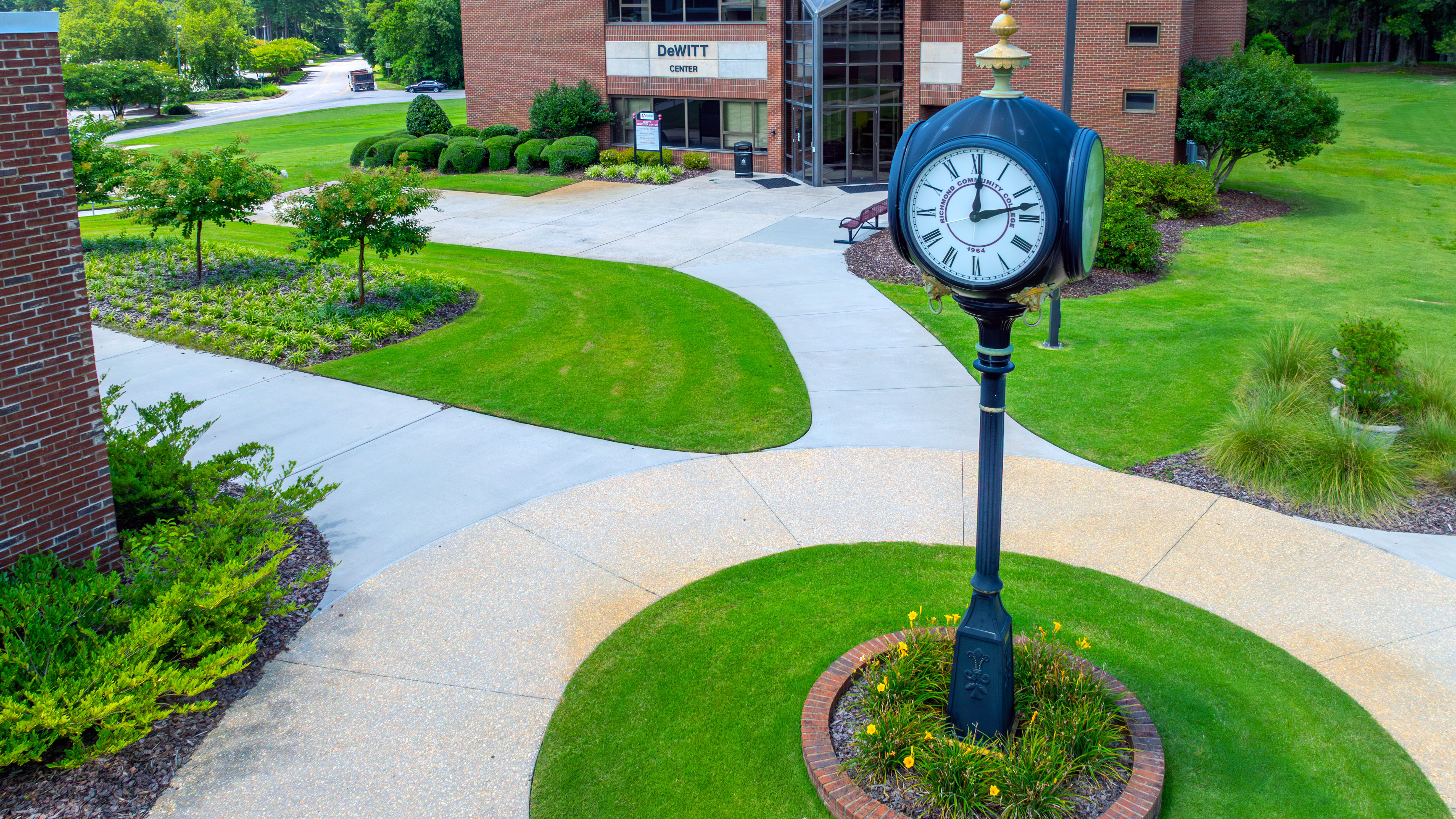 Aerial view of campus clock