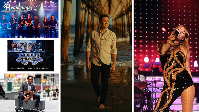 Collage of pictures of the upcoming shows for the Performing Arts Series