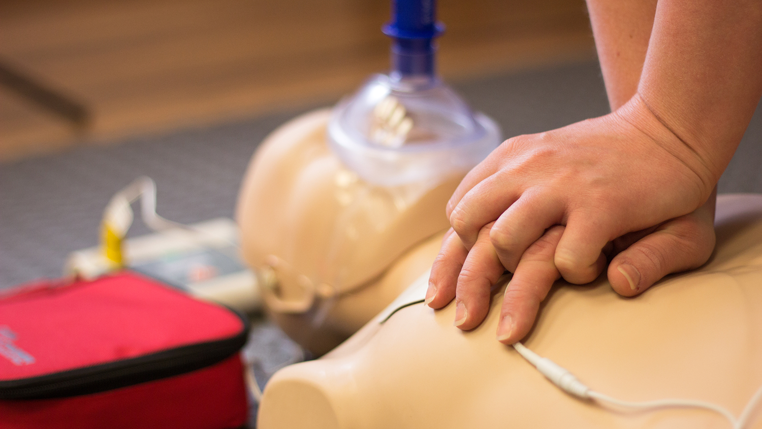 Someone performing CPR on a mannequin