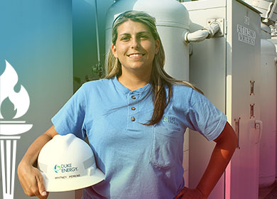 Photo of alumna Whitney Perkins holding her Duke Energy hard hat