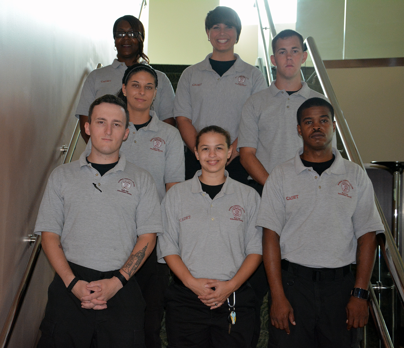 Pictured are the cadets who graduated from Richmond Community College’s Basic Law Enforcement Training program, first row, left to right, David L. Blackmon, Nila D. Kettlety and Maculay T. Duparl; second row, left to right, Keeley S. Sutton and Jonathan B. Thrush; and top row, left to right, Tonya M. Gay and Courtey T. Jarrell.