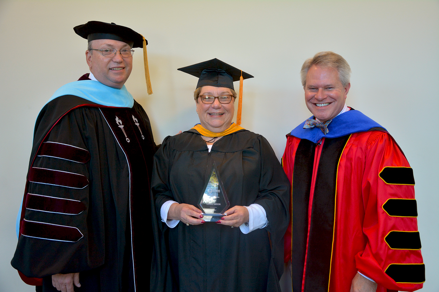 Pictured, from left, are Dr. Dale McInnis, RichmondCC president; President's Award recipient Carole Gibson; and Dr. Jimmie Williamson, NC Community College System president.