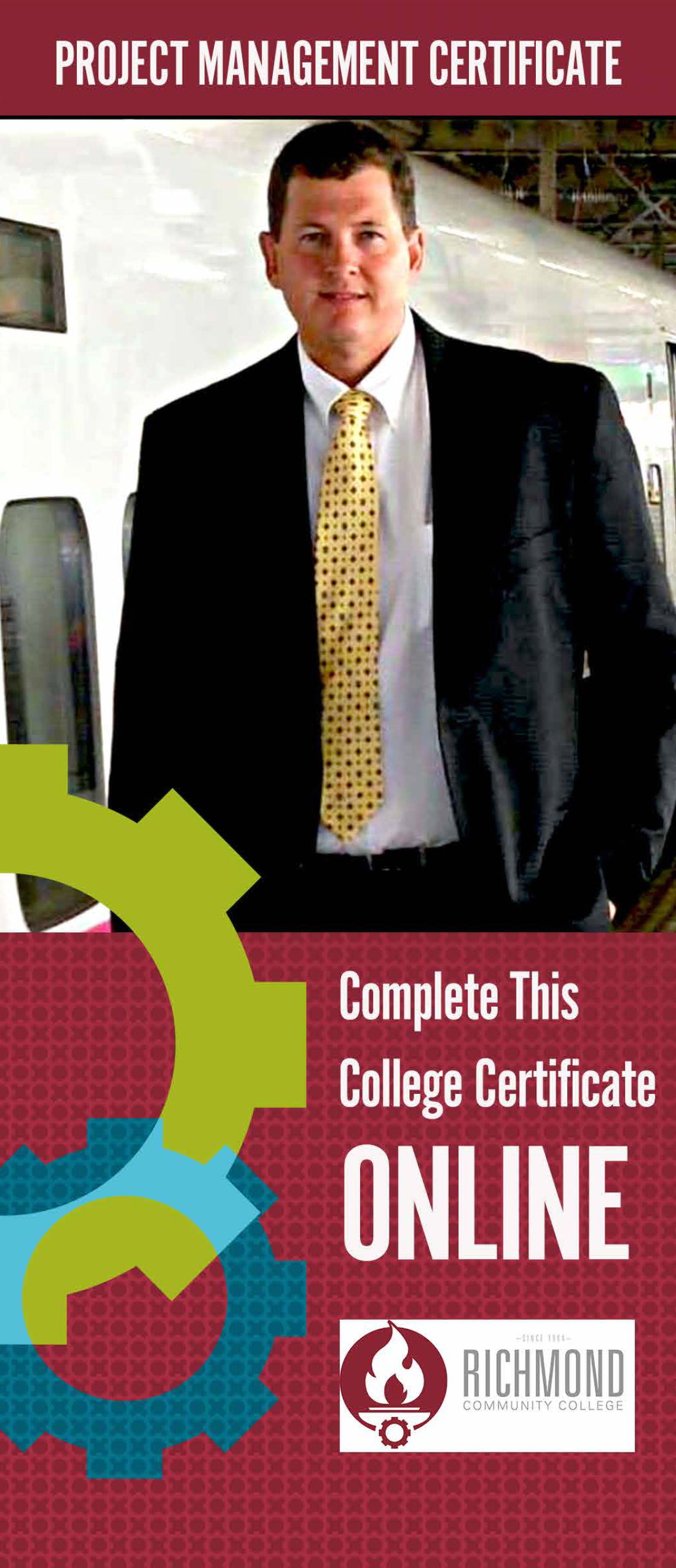 Certificate in Project Management brochure cover with business man in suit in subway