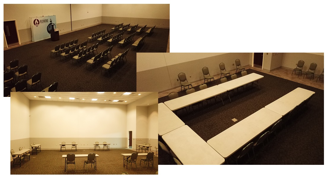 Pic 1: large conference room with chairs facing podium, Pic 2 room with rectangle tables and chairs along 4 walls, Pic 3 rectangle tables and chairs in a U-shape