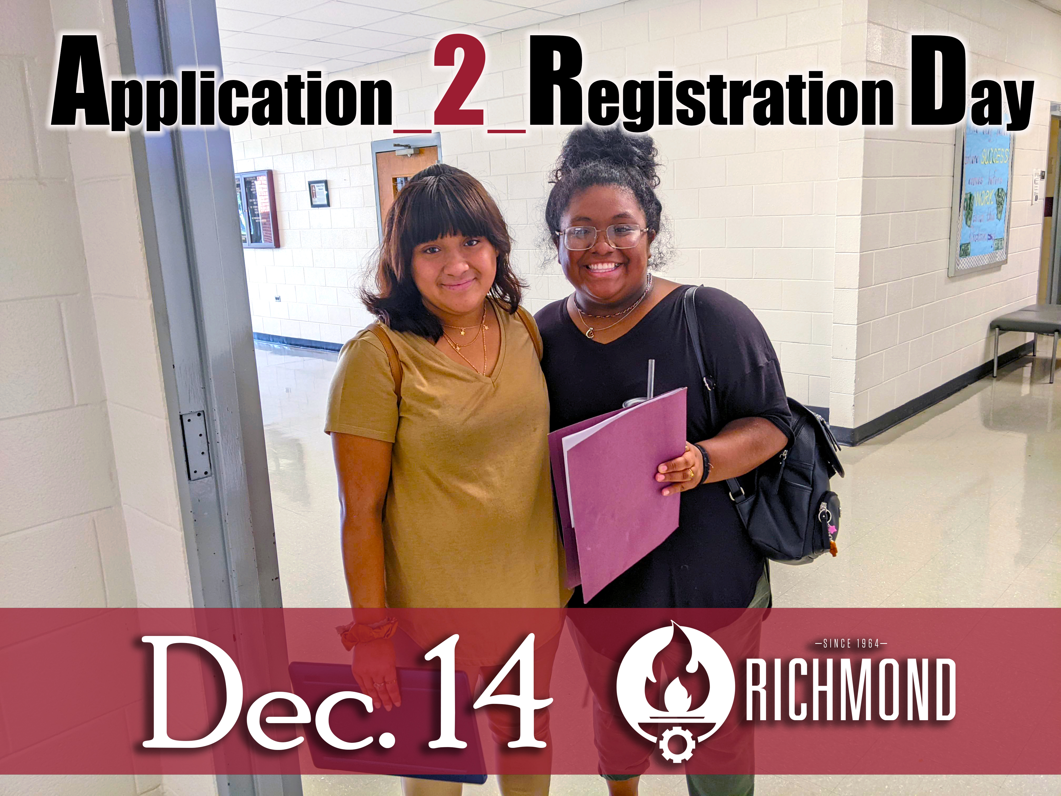 Application to Registration Day Dec. 14 with two students smiling