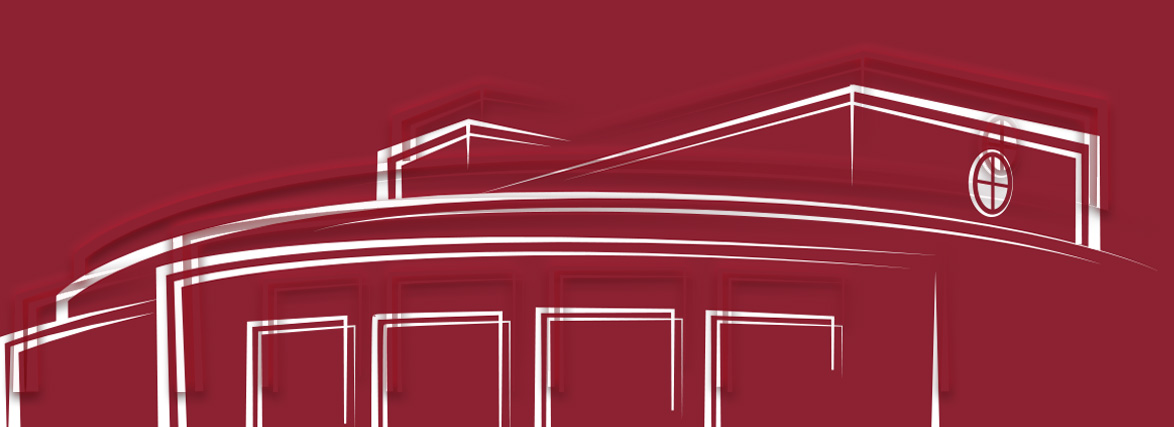 Cole building in white outline on red background