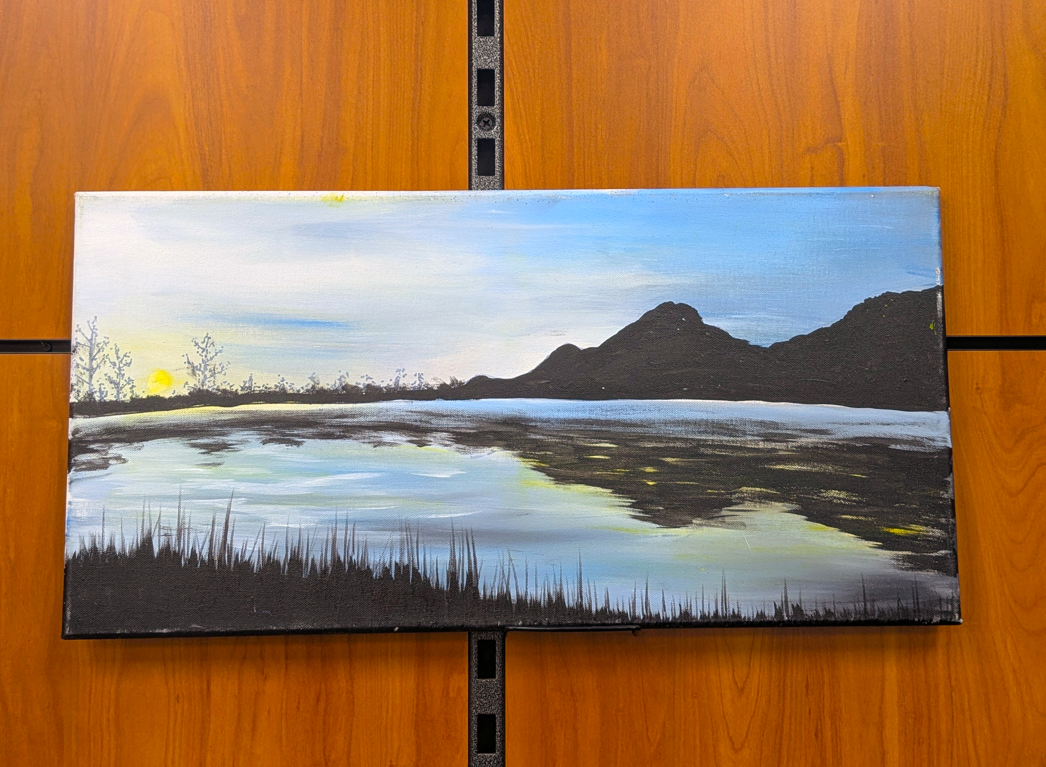 Painting of a lake and mountain scene
