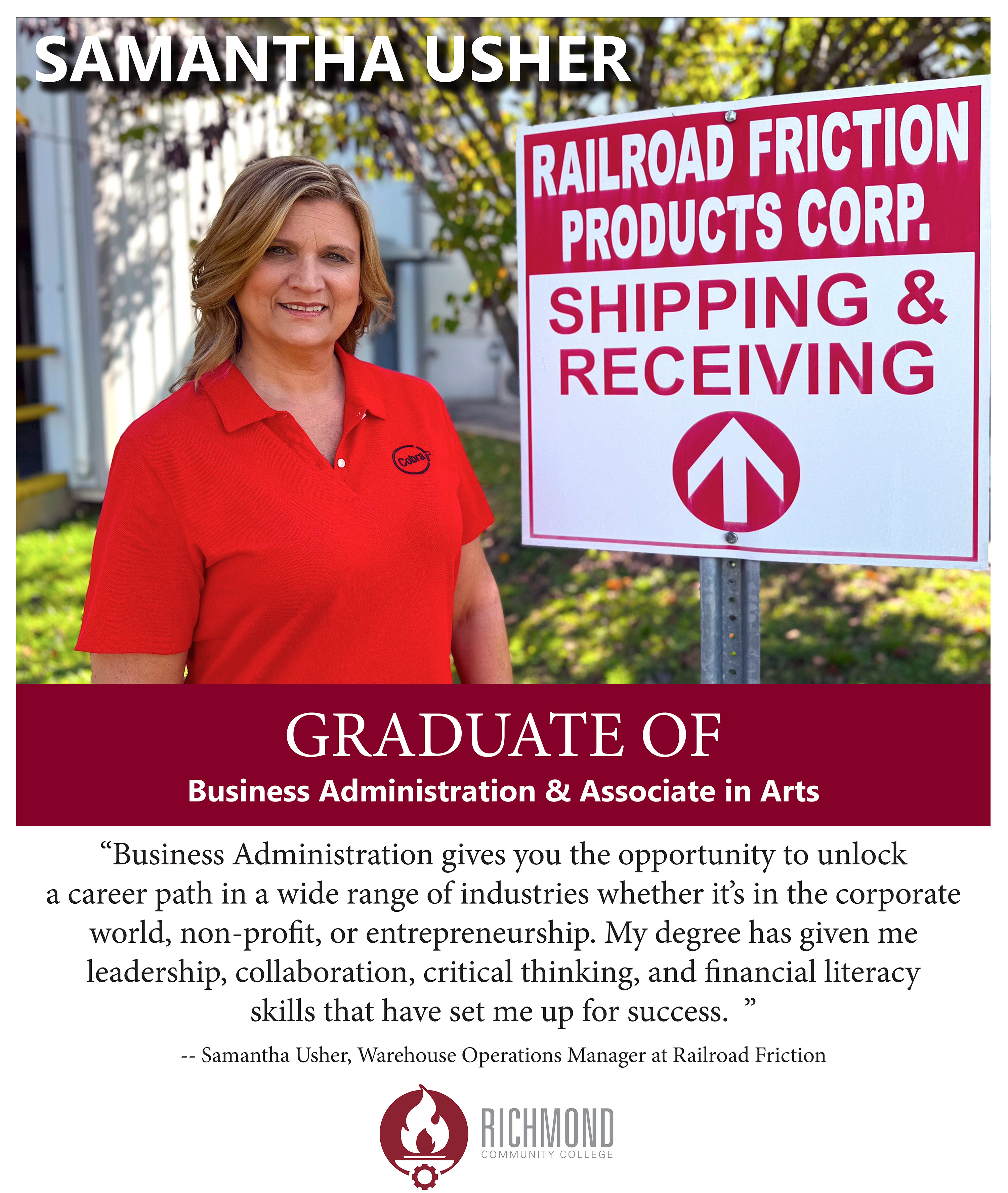 Poster of Samantha Usher standing by Railroad Friction warehouse sign