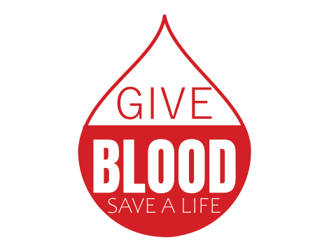 A graphic of a drop of blood reading "Give Blood"