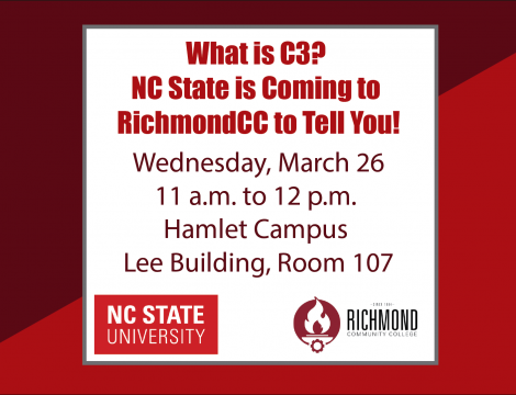 Red and White Graphic with information as listed below and RichmondCC and NC State Logos