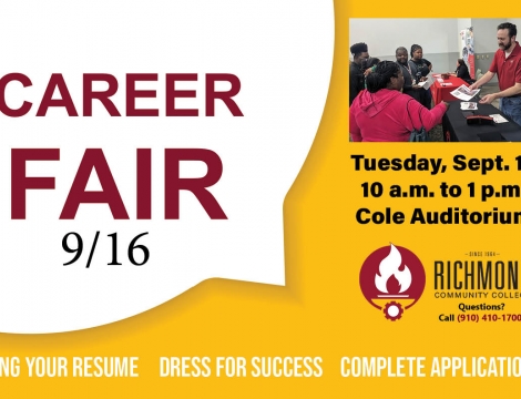 Yellow Graphic including the information below as well as a student speaking with a potential employer