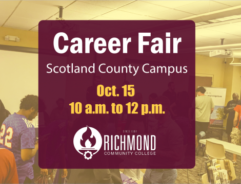 Career Fair graphic with the date of Oct. 15 and 10 a.m. to 12 p.m. on the Scotland County Campus written on it. The background is a faded photo of a previous career fair