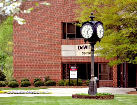 Clock outside of the Dewitt Building on the Hamlet Campus