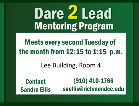 Green graphic depicted the dates of the Dare 2 Lead Programs. This group meets every 2nd Tuesday of the month.