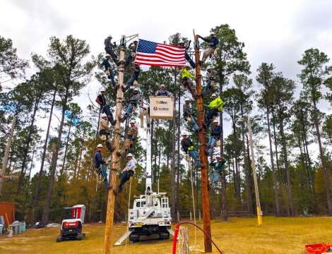 Electric Lineman on telephone poles holding American Flag