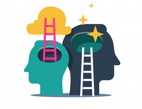 Image of 2 silhouettes of heads, with ladders to the brain symbolizing mental health