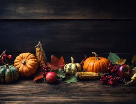 Photo of  collection of pumpkins and other vegetables on brown wood table background