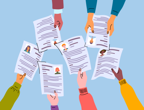 cartoon hands holding out resumes on a blue background