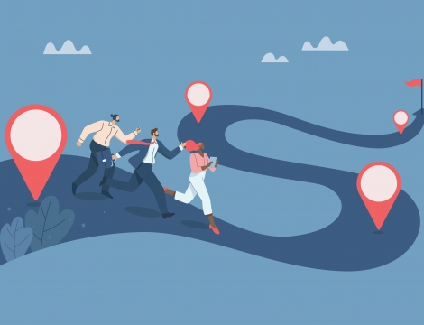 Graphic of three people walking down an arrow with GPS icons along the way