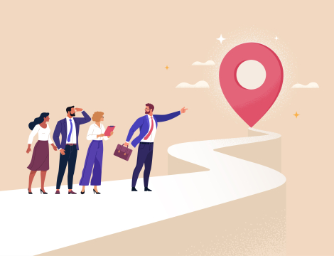 a crowd of cartoon people looking at a goal while a leader points onward