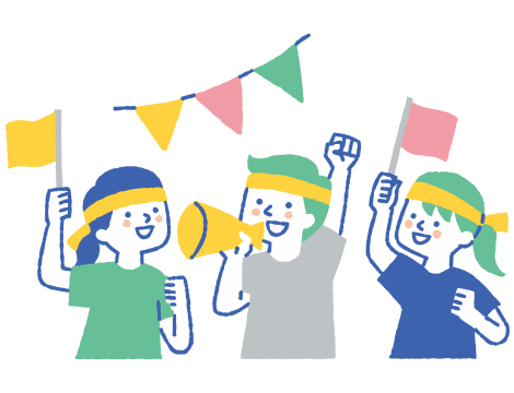 Clip art of three figures enjoying field day with ribbons and a megaphone