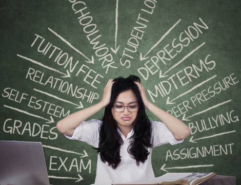 Student in front of chalk board and books looking very stressed