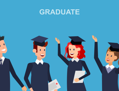 Graphic cartoon of 4 celebrating Graduates