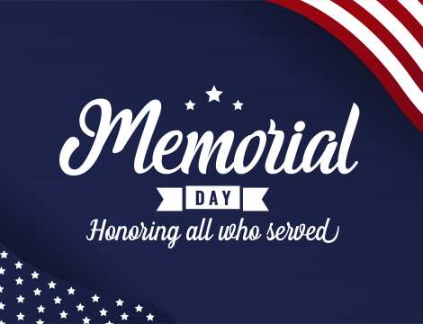 Graphic of a patriotic background with the text "Memorial Day"