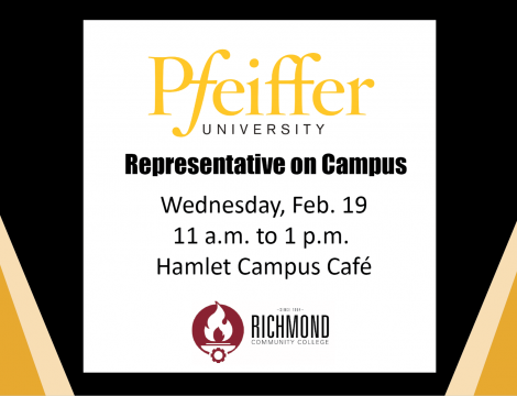 Graphic of the Pfeiffer and RichmondCC Logos, with information for representative visit on Feb. 19 on the Hamlet Campus at the Cafe.