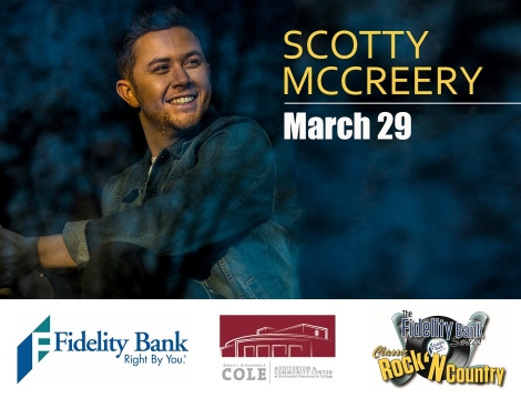 Photo of a young man on left with "Scotty McCreery March 29" on right side.