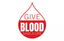 Red and White graphic of a blood drop shape reading "give blood"