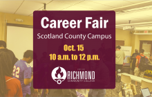 Career Fair graphic with the date of Oct. 15 and 10 a.m. to 12 p.m. on the Scotland County Campus written on it. The background is a faded photo of a previous career fair