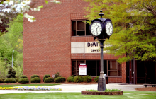 Clock outside of the Dewitt Building on the Hamlet Campus