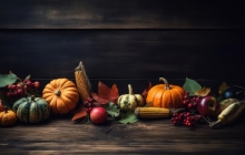 Photo of  collection of pumpkins and other vegetables on brown wood table background