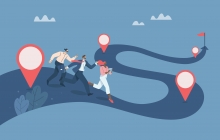 Graphic of three people walking down an arrow with GPS icons along the way