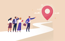 a crowd of cartoon people looking at a goal while a leader points onward