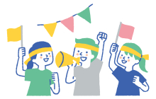 graphic of 3 students celebrating field day with ribbons and a megaphone